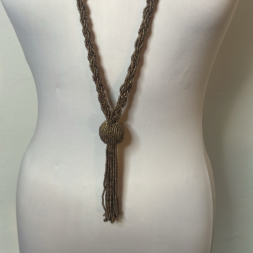 Elegant Gold Glass Seed Bead Extra Long Necklace with Beaded Tassel